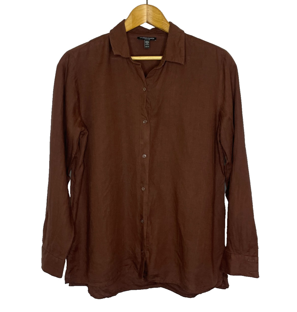 Women's Petite Eileen Fisher Brown 100% Organic Linen Button Down Shirt